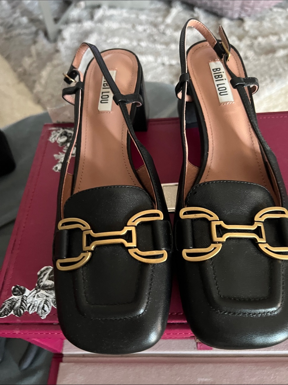 BiBiLou Black Leather Slingback Mules with Gold Accent US 9-9.5
